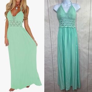Lilbetter Mint Green Crochet Halter Maxi Dress Size XS Boho Beachy Cottagecore